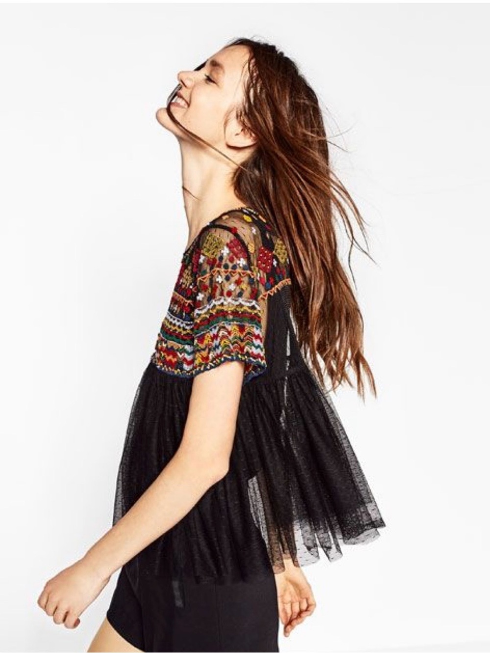 ZARA Embroidered Beaded Boho Statement Top Black Multicolor Sheer